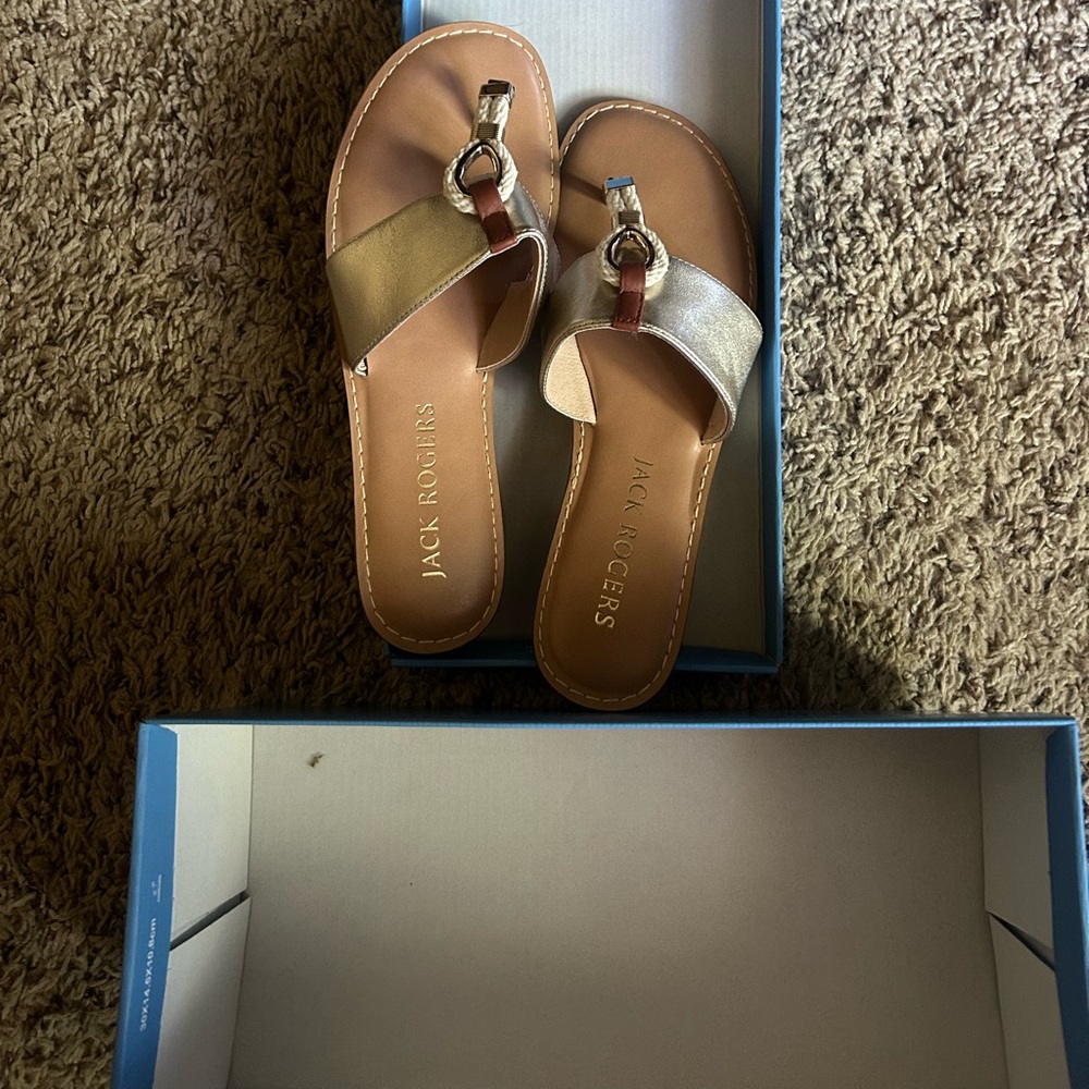 Jack Rogers brown and gold with beige woven fabric sandal womens size 8